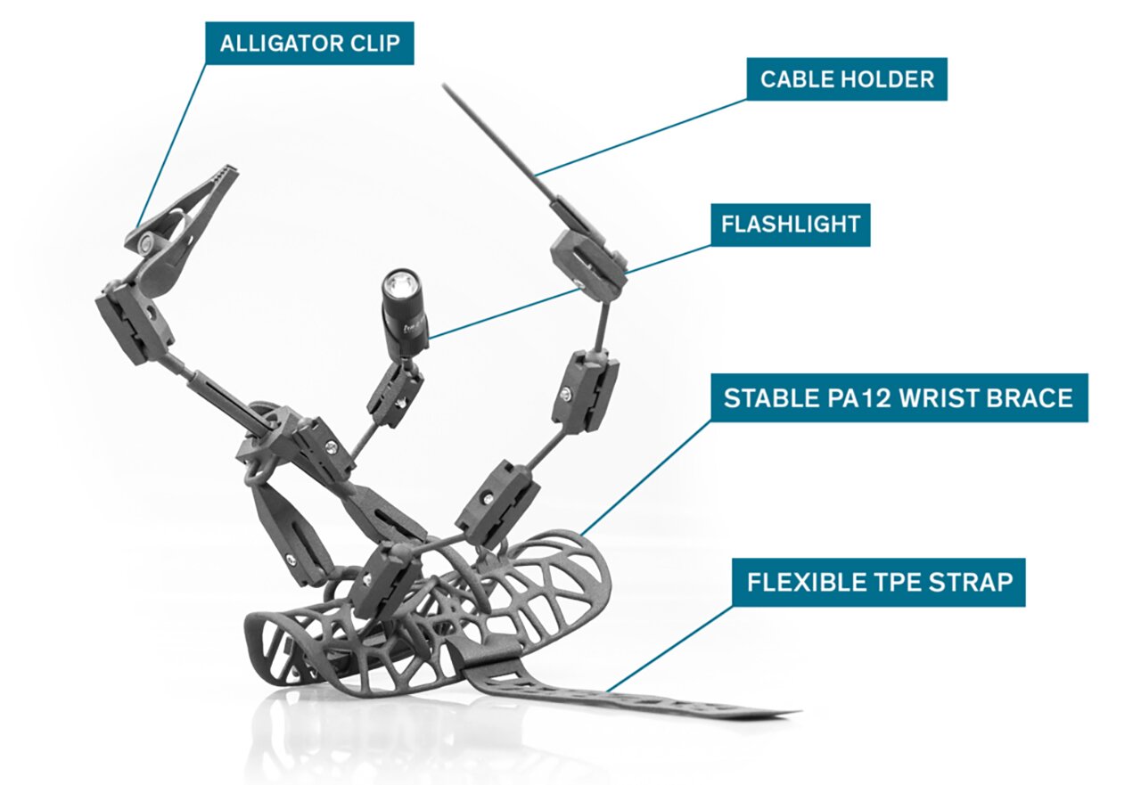 The 3D printed third hand includes several useful tools. (Source: Sintratec)
