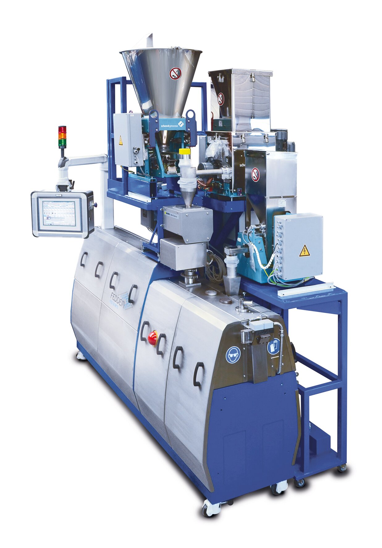 FED 26 MTS extruder with 3 gravimetrically metered material streams and metal separator in the main stream. (Source: Feddem)