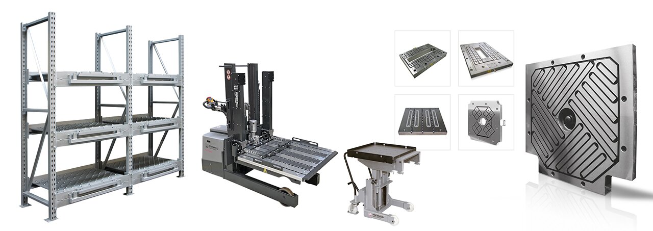 Efficient die or mould handling throughout the entire process chain: rack systems, changing carts as well as magnetic clamping plates. (Source: Roemheld)